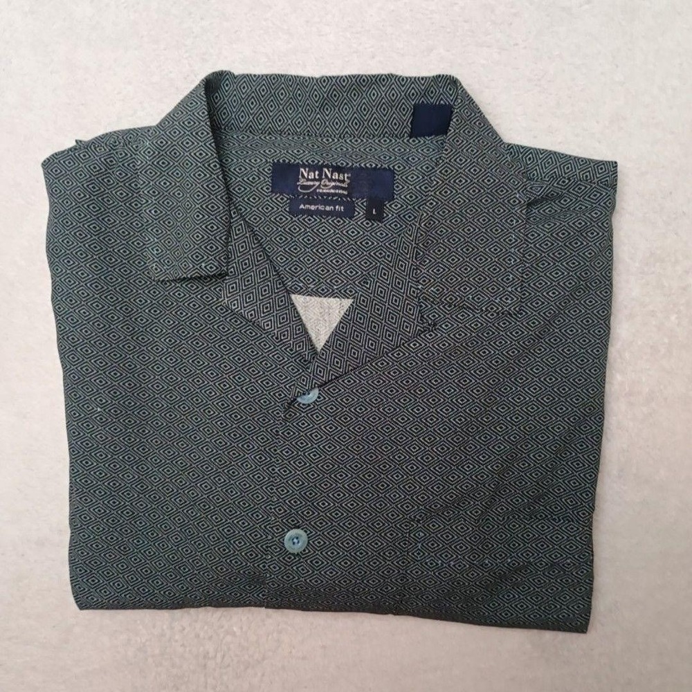 Nat Nast Shirt Mens L Green Geometric Silk Button-Up Short Sleeve Casual Work